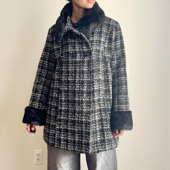 Tweed Faux Fur Penny Lane Coat Gray Black XL - Picture 2 of 8